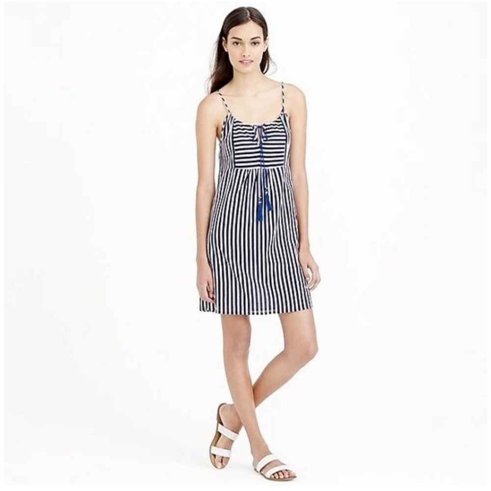 J. Crew Striped Navy White Cotton Tassel Tie V Neck Mini Dress/Cover-Up Size S